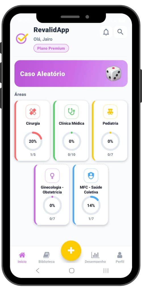 RevalidApp na tela inicial: áreas do Revalida, caso aleatório e progresso por especialidade