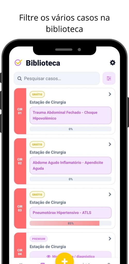 Tela da biblioteca do RevalidApp com casos de cirurgia e filtros