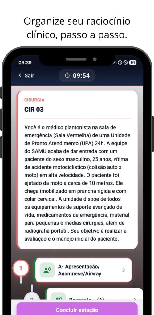 Simulação de estação com cenário clínico e etapas numeradas